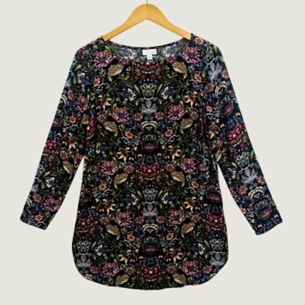 J. Jill Blouse Women XS Navy Floral Rayon Long Sleeve Crew Neck Tunic Top Boho